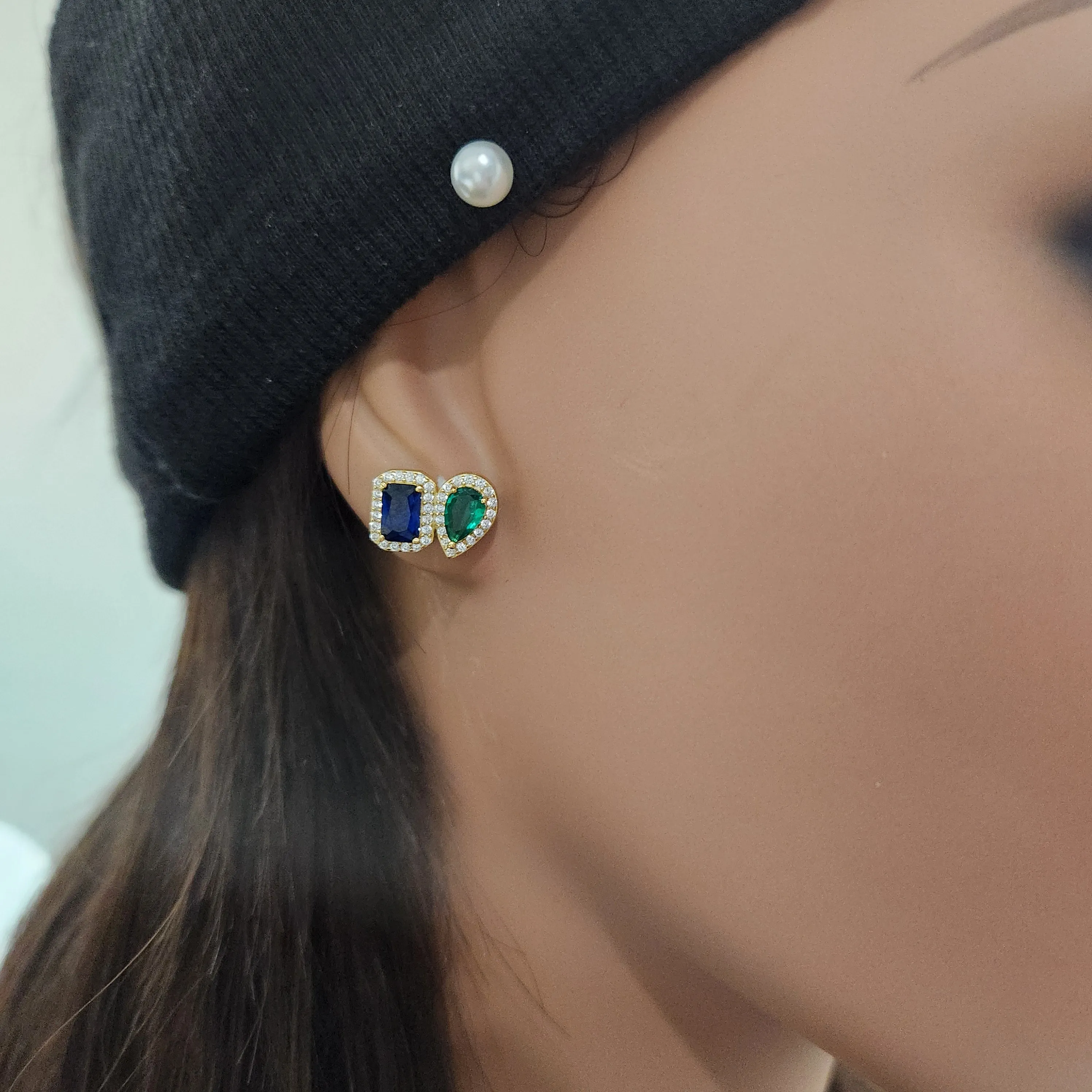 Sterling Silver Gold Plated Emerald and Sapphire CZ Shape Stud Earring