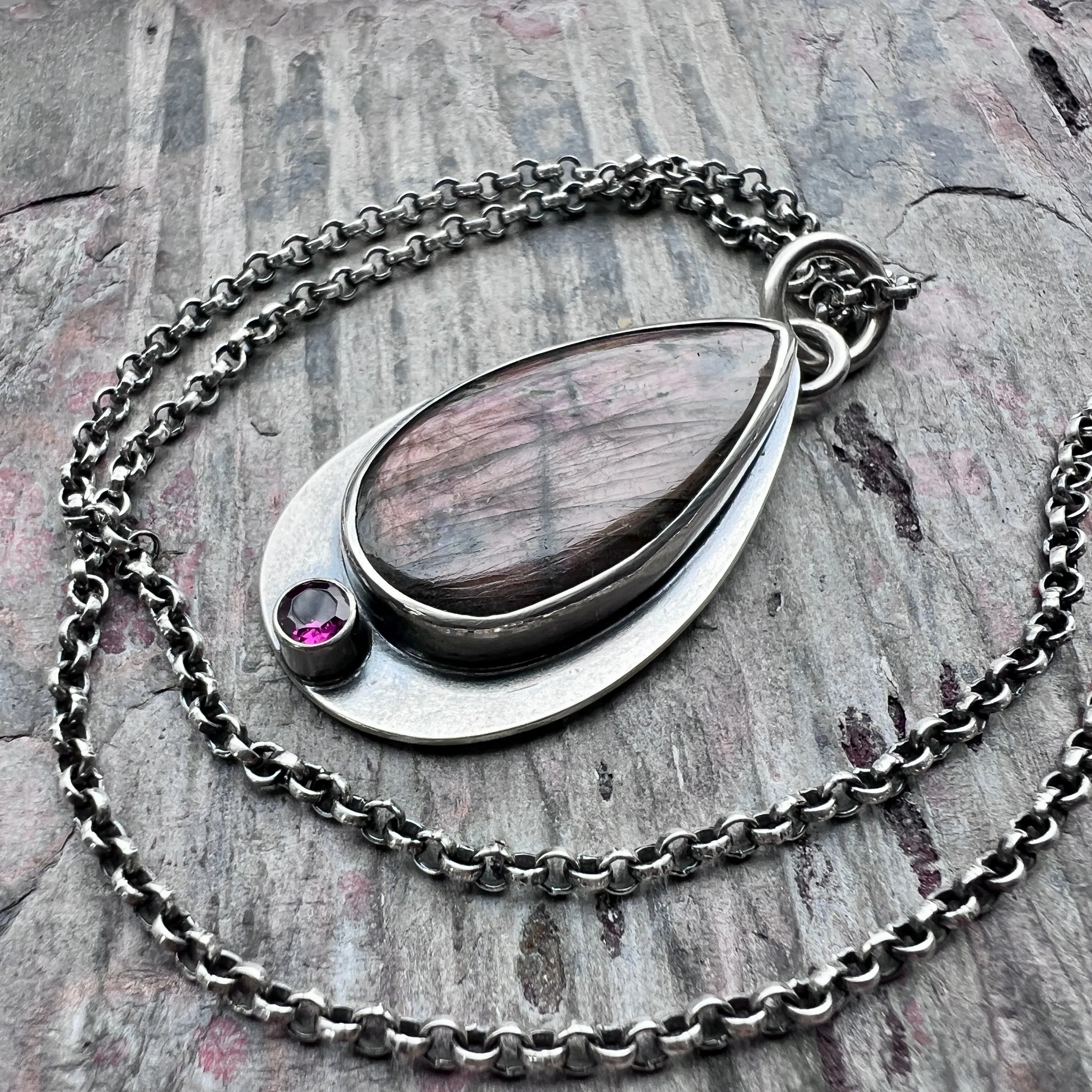 Sterling Silver Purple Labradorite and Rhodolite Garnet Necklace | Natural Stone Teardrop Pendant