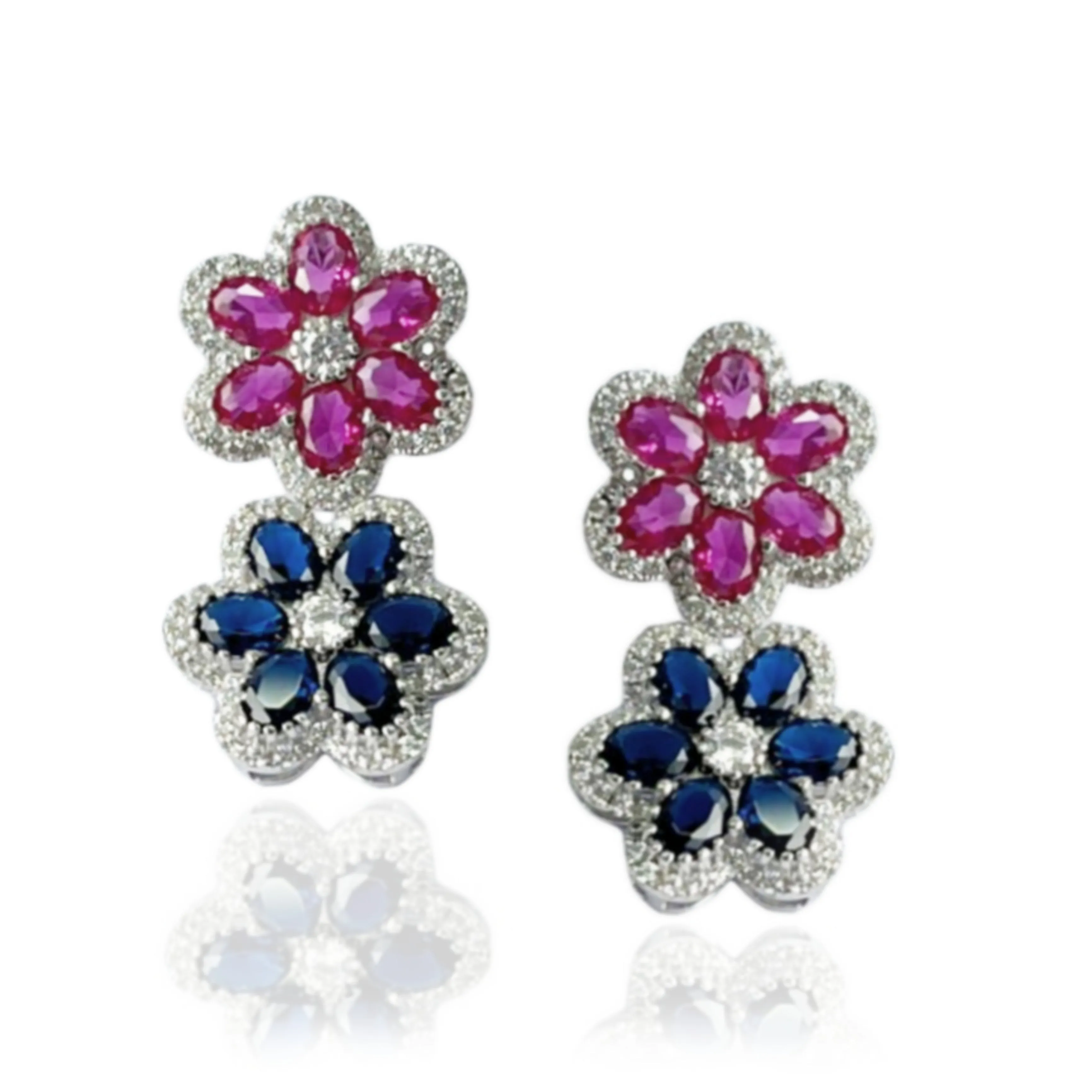 Sterling Silver Sapphire and Ruby Colored CZ Double Flower Earring