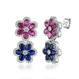 Sterling Silver Sapphire and Ruby Colored CZ Double Flower Earring