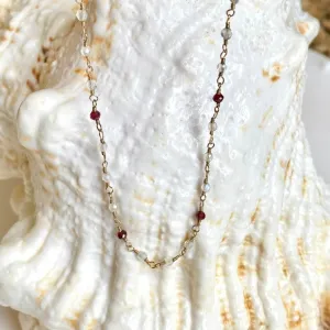 Tiny Moonstone Beads Necklace with Garnet