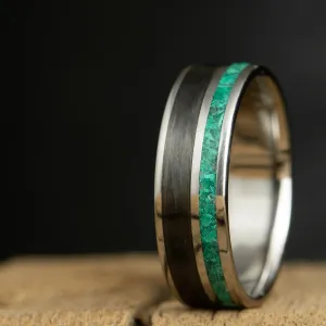 Titanium ring with Malachite and carbon fiber