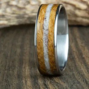 Titanium with Bourbon barrel wood and Antler ring