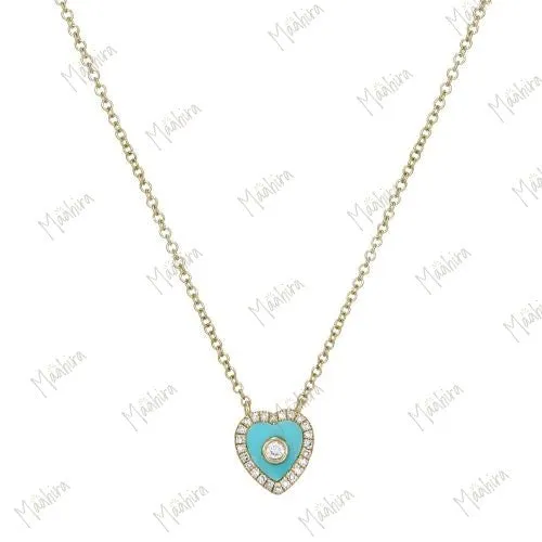 Turquoise Enamel Diamond Heart Necklace