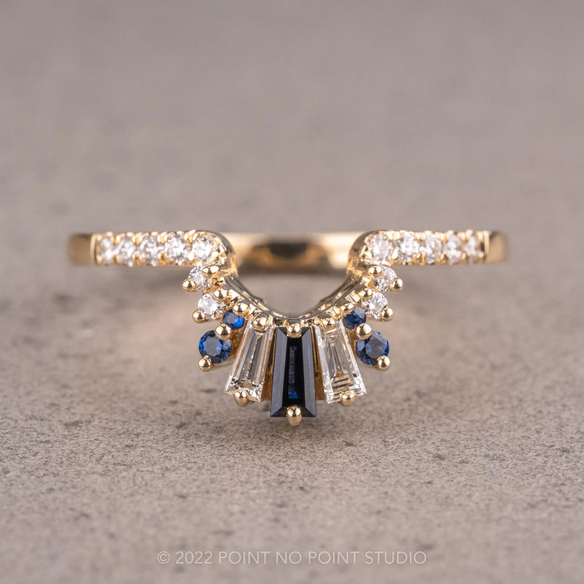 White Diamond and Blue Sapphire Wedding Band, Daya Setting, 14K Yellow Gold