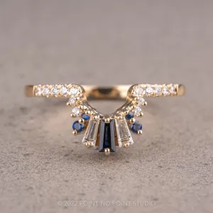 White Diamond and Blue Sapphire Wedding Band, Daya Setting, 14K Yellow Gold