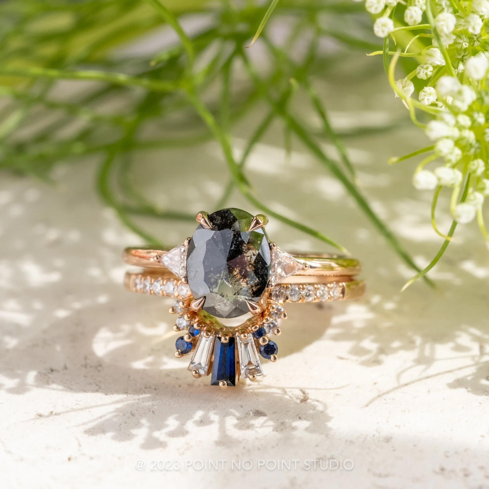 White Diamond and Blue Sapphire Wedding Band, Daya Setting, 14K Yellow Gold