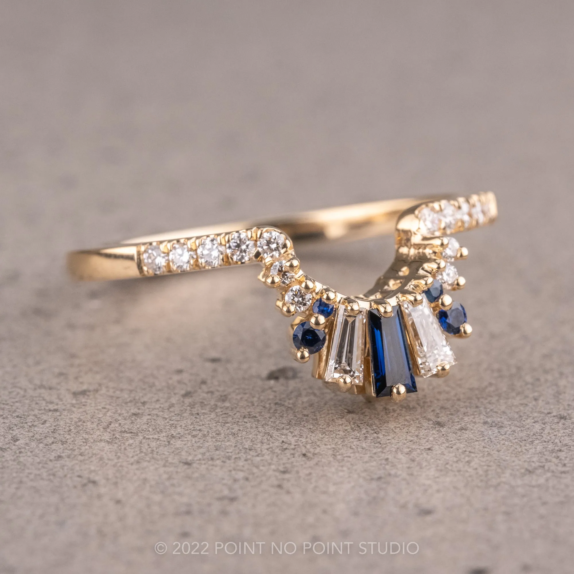 White Diamond and Blue Sapphire Wedding Band, Daya Setting, 14K Yellow Gold