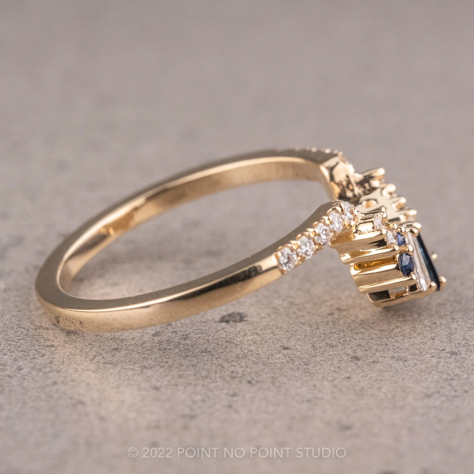 White Diamond and Blue Sapphire Wedding Band, Daya Setting, 14K Yellow Gold