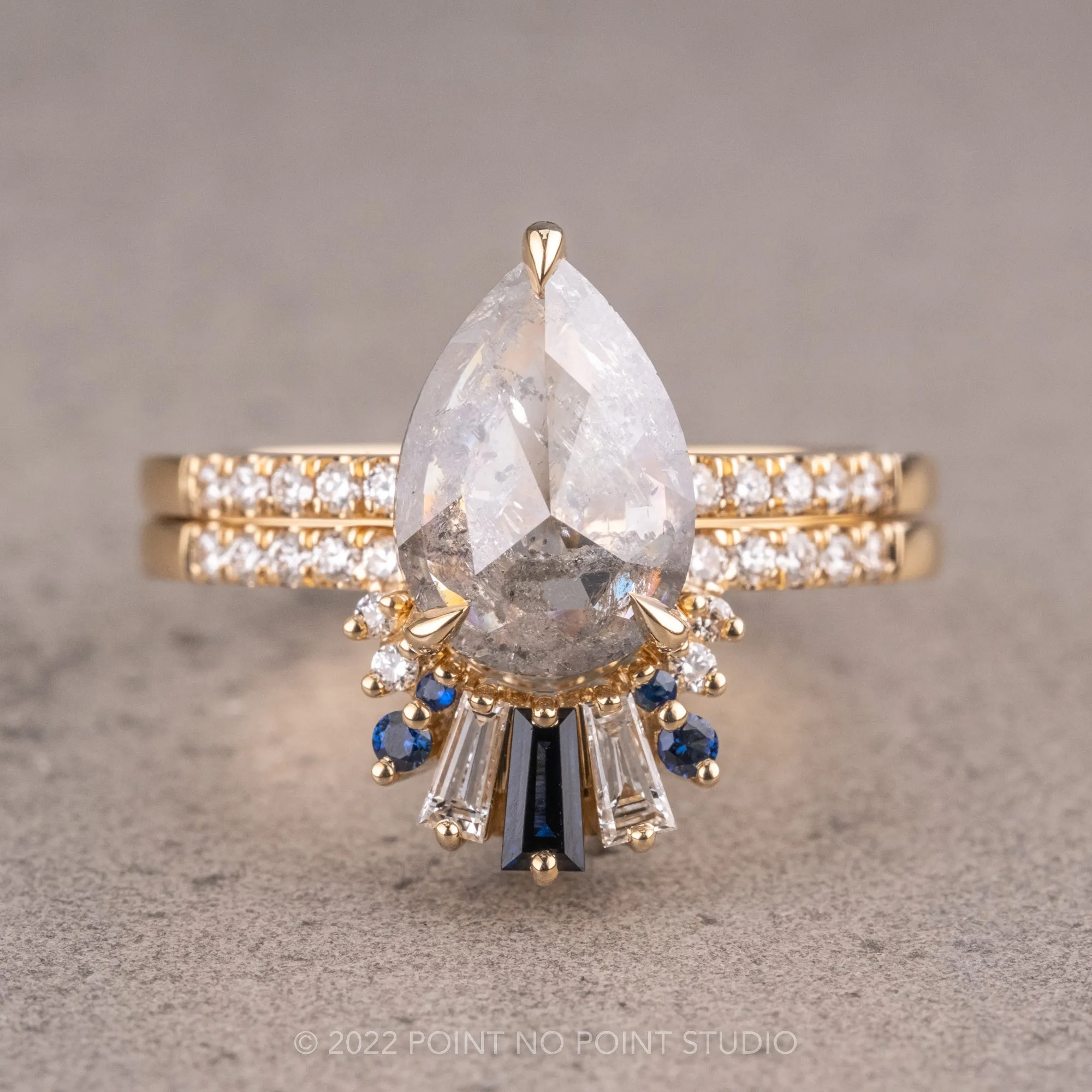 White Diamond and Blue Sapphire Wedding Band, Daya Setting, 14K Yellow Gold