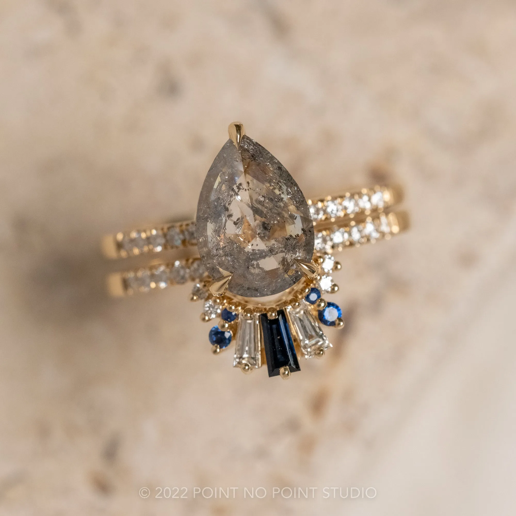White Diamond and Blue Sapphire Wedding Band, Daya Setting, 14K Yellow Gold