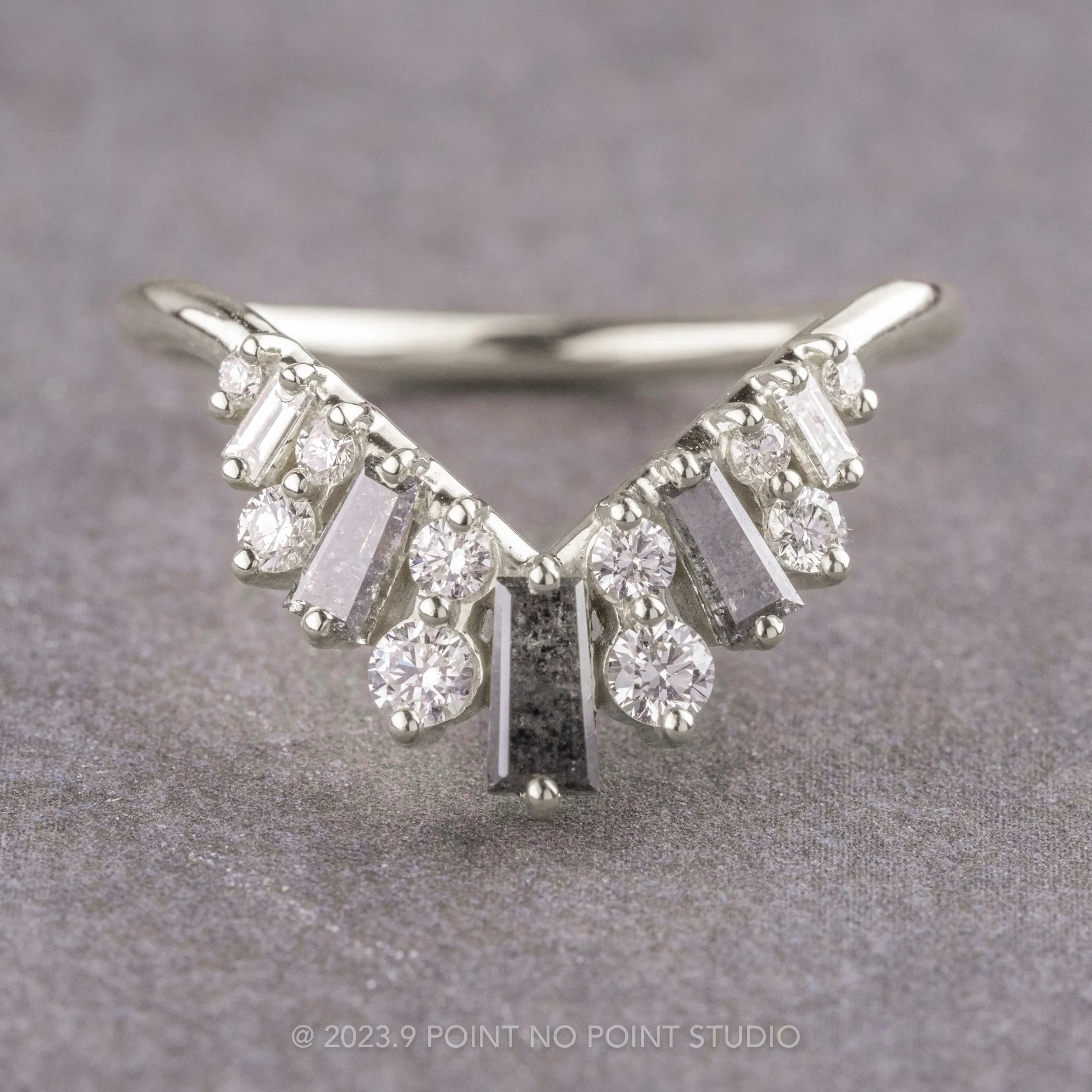 White Diamond and Salt and Pepper Baguette Wedding Band, Tori Setting, Platinum